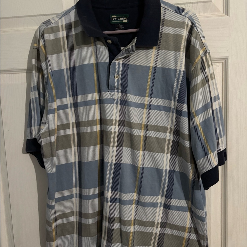 2/$10 Men's Plaid Polo Shirt - Blue and beige